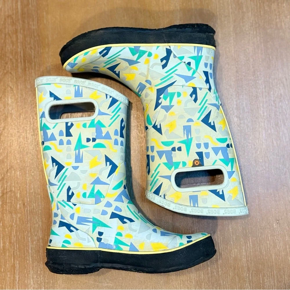 Bogs Kids Rain Boots Sparse Geo Blue Multi Waterproof Pull-On‎ Handles Sz 3